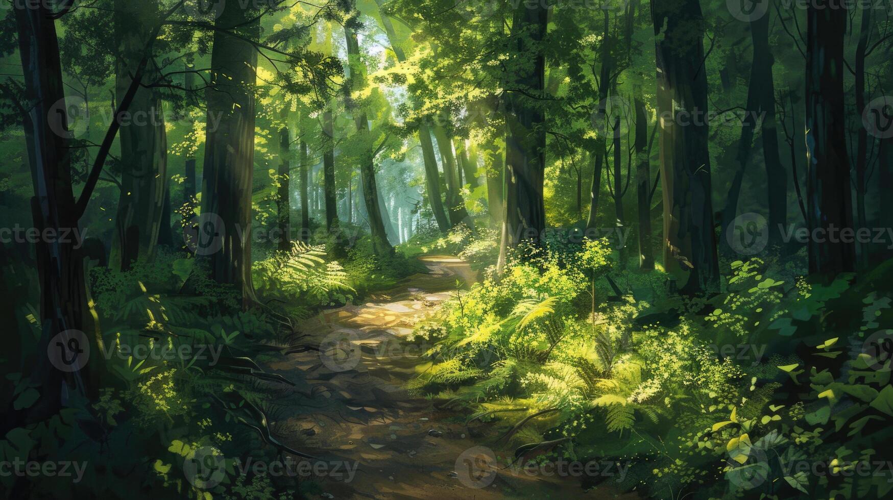 A sunlit forest path surrounded by lush green foliage in summer. photo