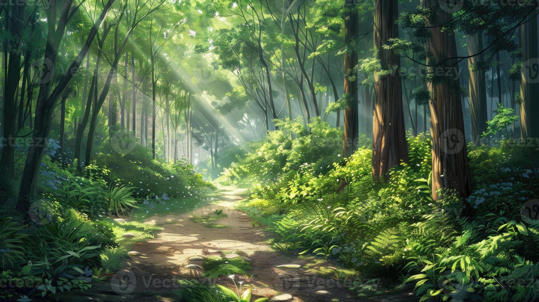 A sunlit forest path surrounded by lush green foliage in summer. photo