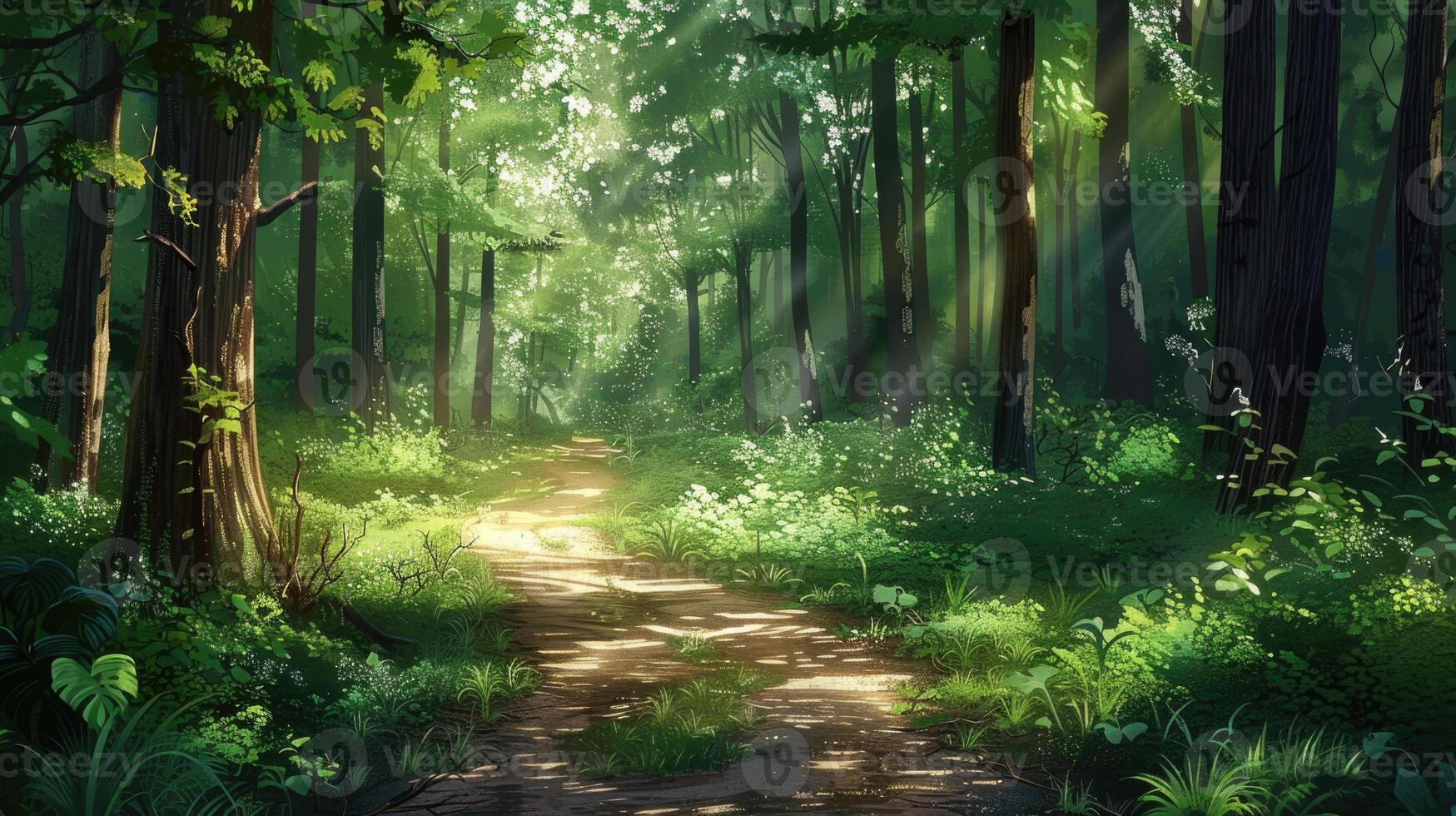 A sunlit forest path surrounded by lush green foliage in summer. photo