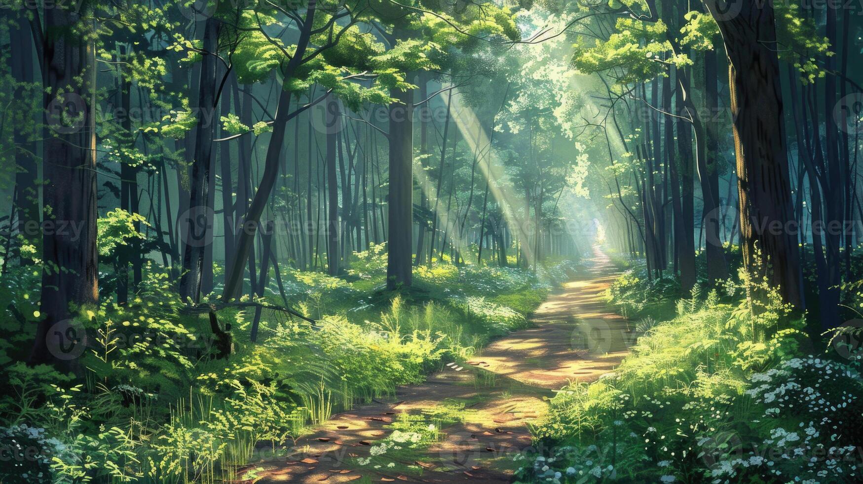 A sunlit forest path surrounded by lush green foliage in summer. photo
