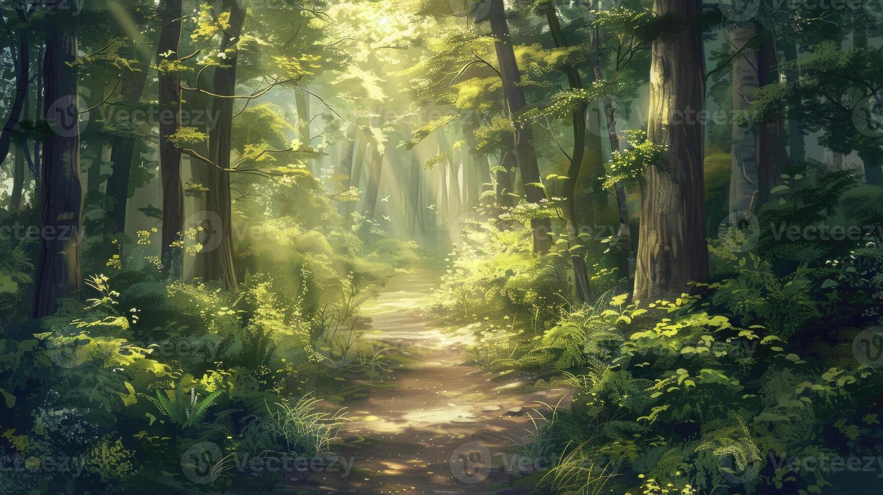A sunlit forest path surrounded by lush green foliage in summer. photo
