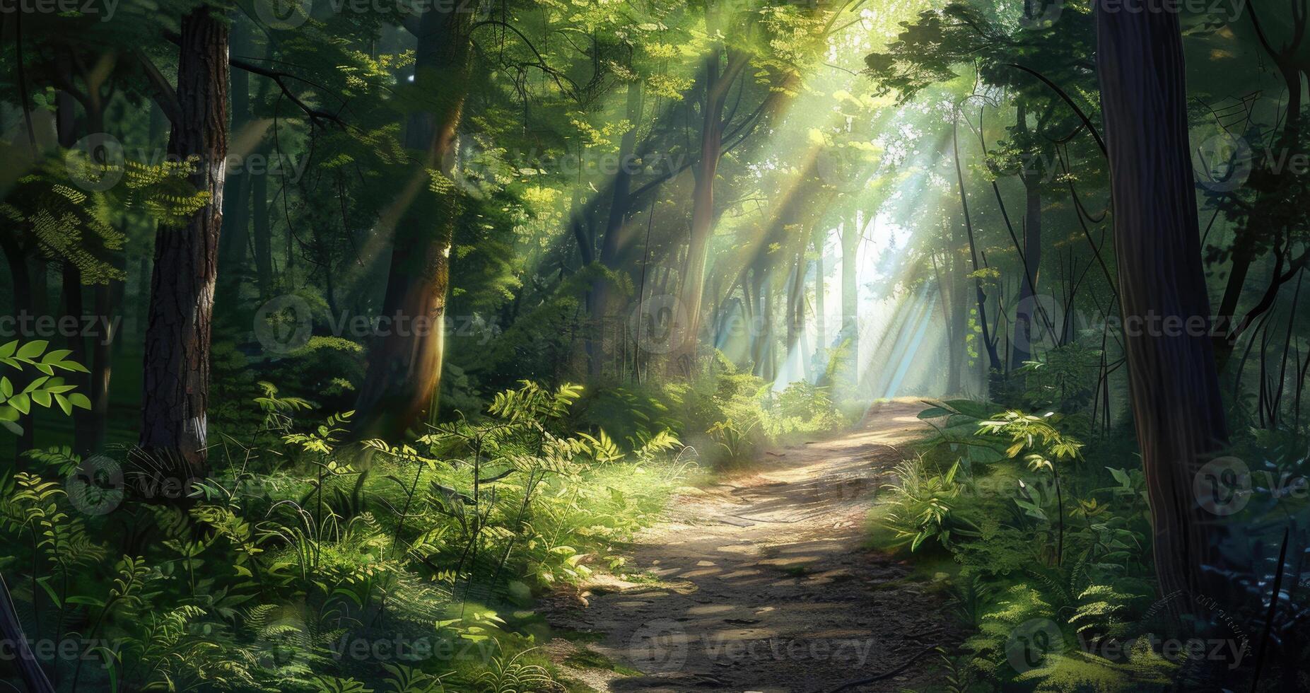 A sunlit forest path surrounded by lush green foliage in summer. photo