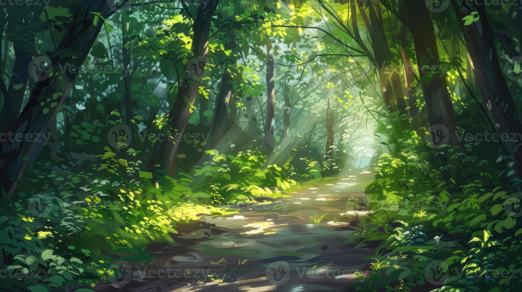 A sunlit forest path surrounded by lush green foliage in summer. photo