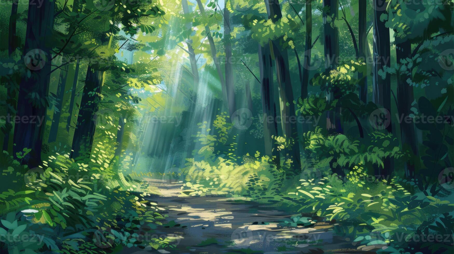 A sunlit forest path surrounded by lush green foliage in summer. photo