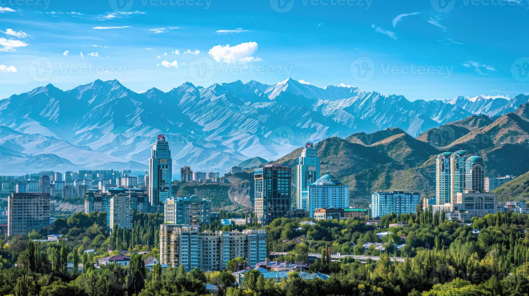 A panoramic view of Almaty's skyline with the majestic mountains in the background. photo