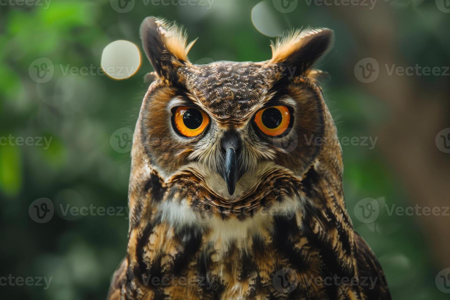 A curious owl looks directly into the camera. photo
