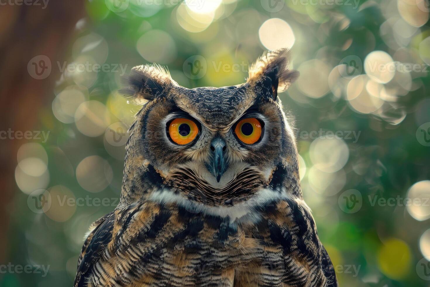 A curious owl looks directly into the camera. photo
