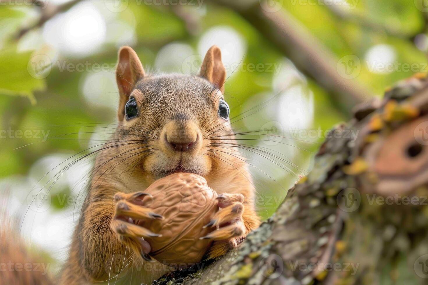A playful squirrel holding a nut looks at the camera. photo