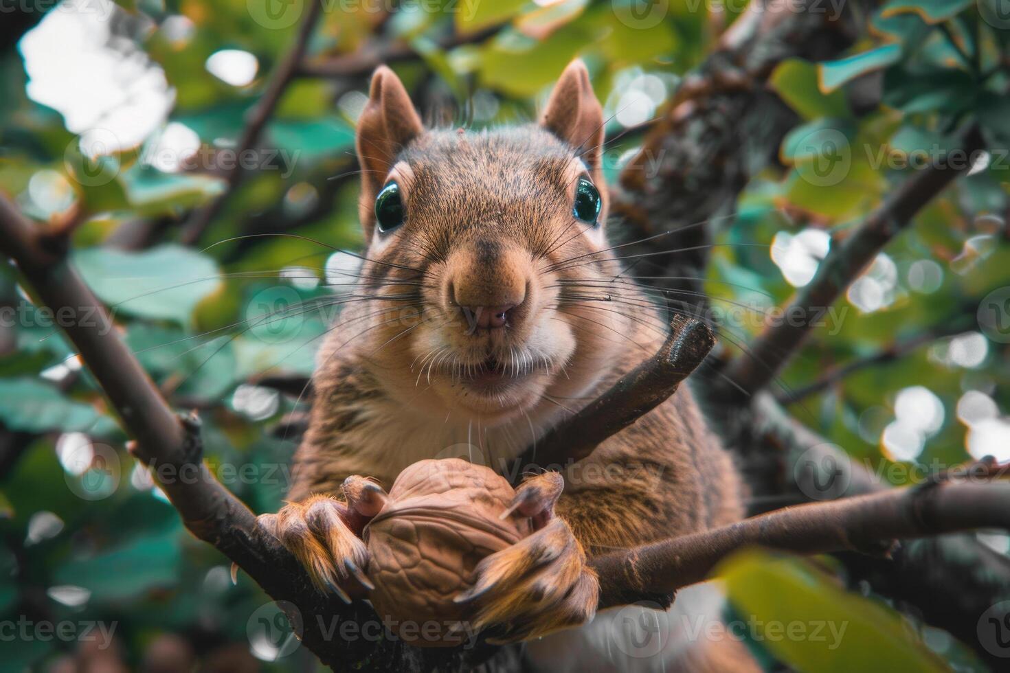 A playful squirrel holding a nut looks at the camera. photo