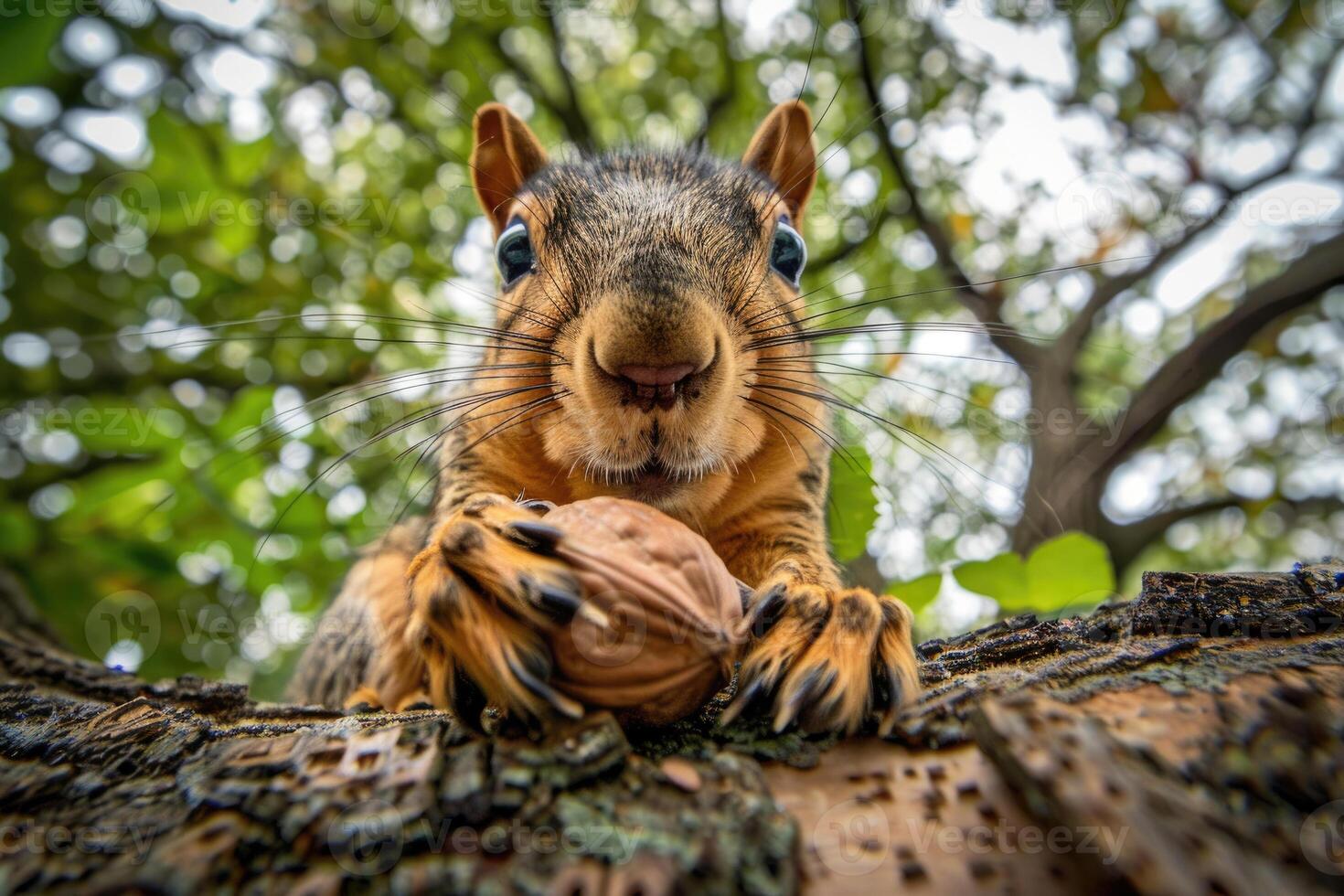A playful squirrel holding a nut looks at the camera. photo