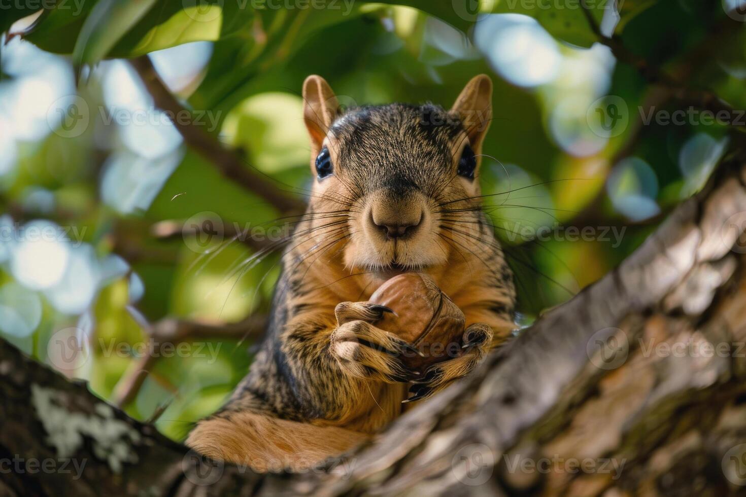 A playful squirrel holding a nut looks at the camera. photo