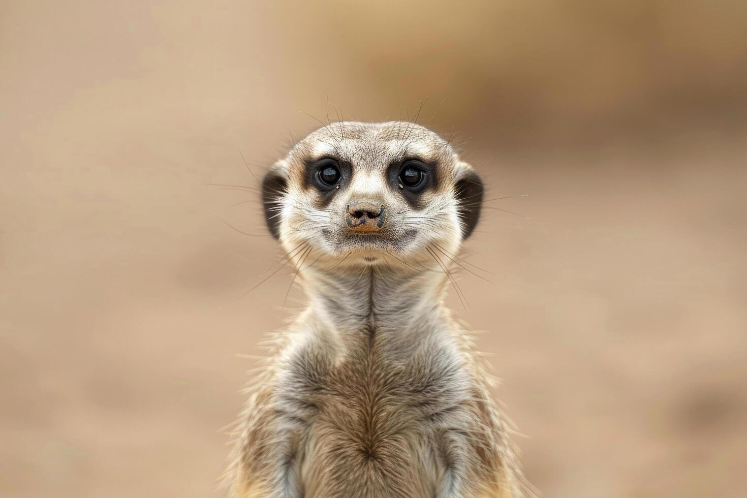 A meerkat stands upright, gazing into the camera. photo