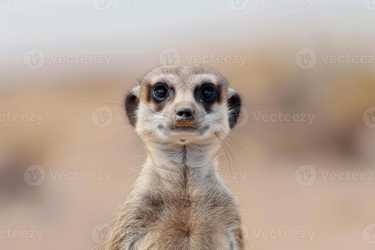 A meerkat stands upright, gazing into the camera. photo