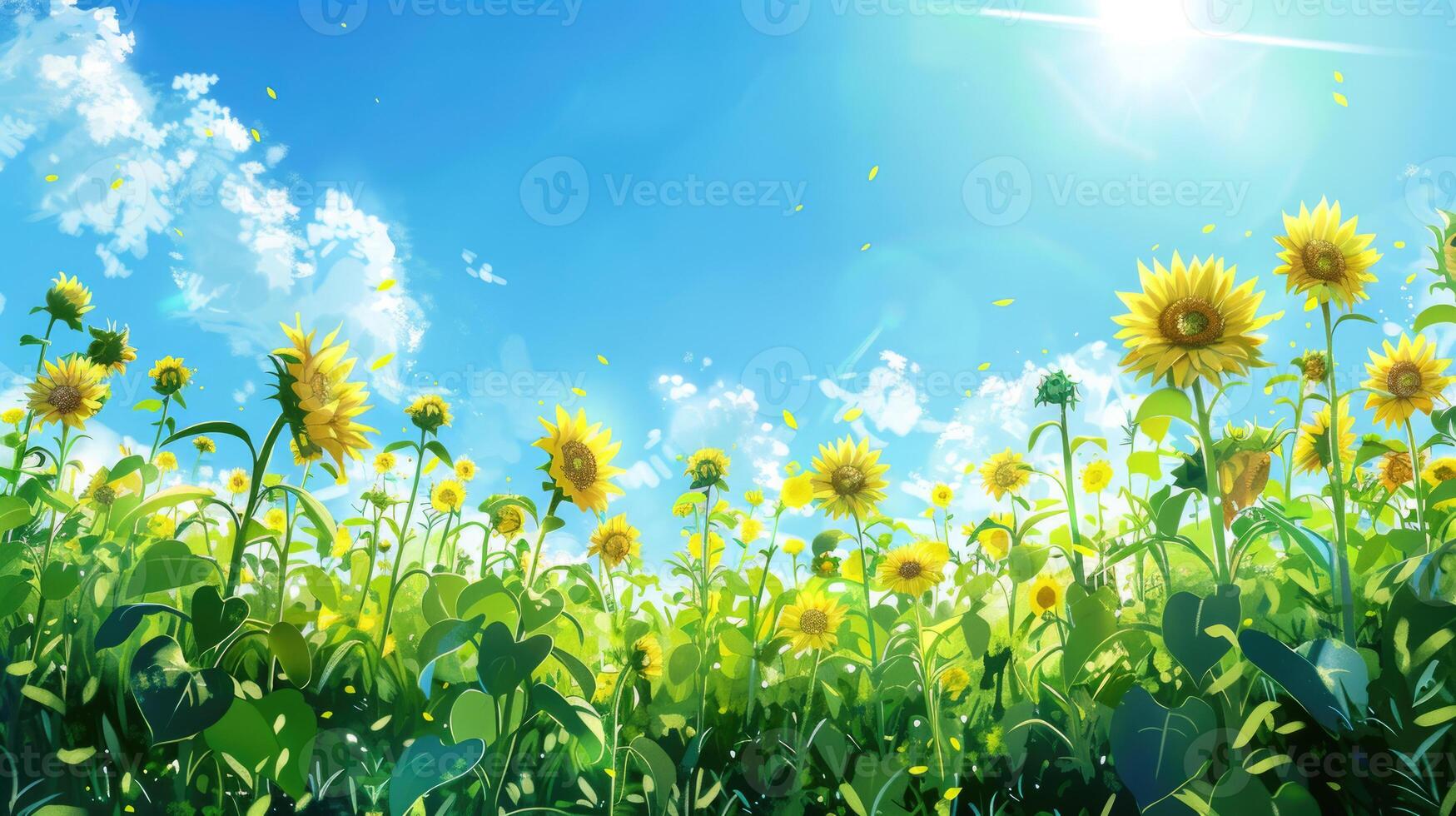 A vibrant sunflower field under a bright blue summer sky. photo