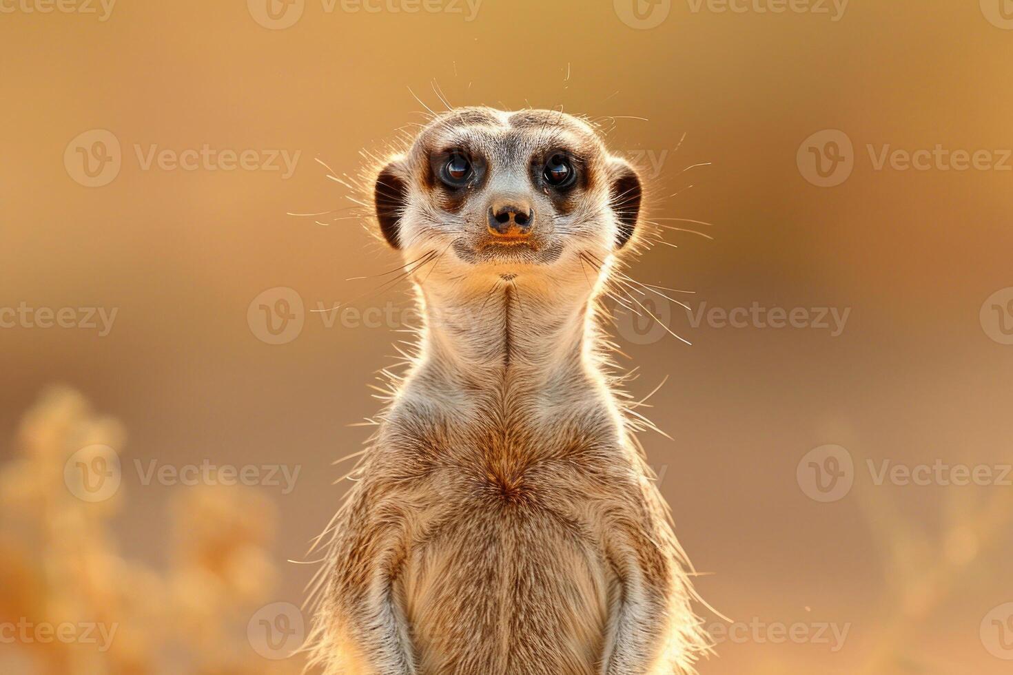A meerkat stands upright, gazing into the camera. photo