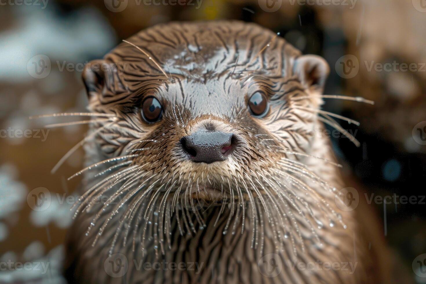 A curious otter looks directly into the camera. photo