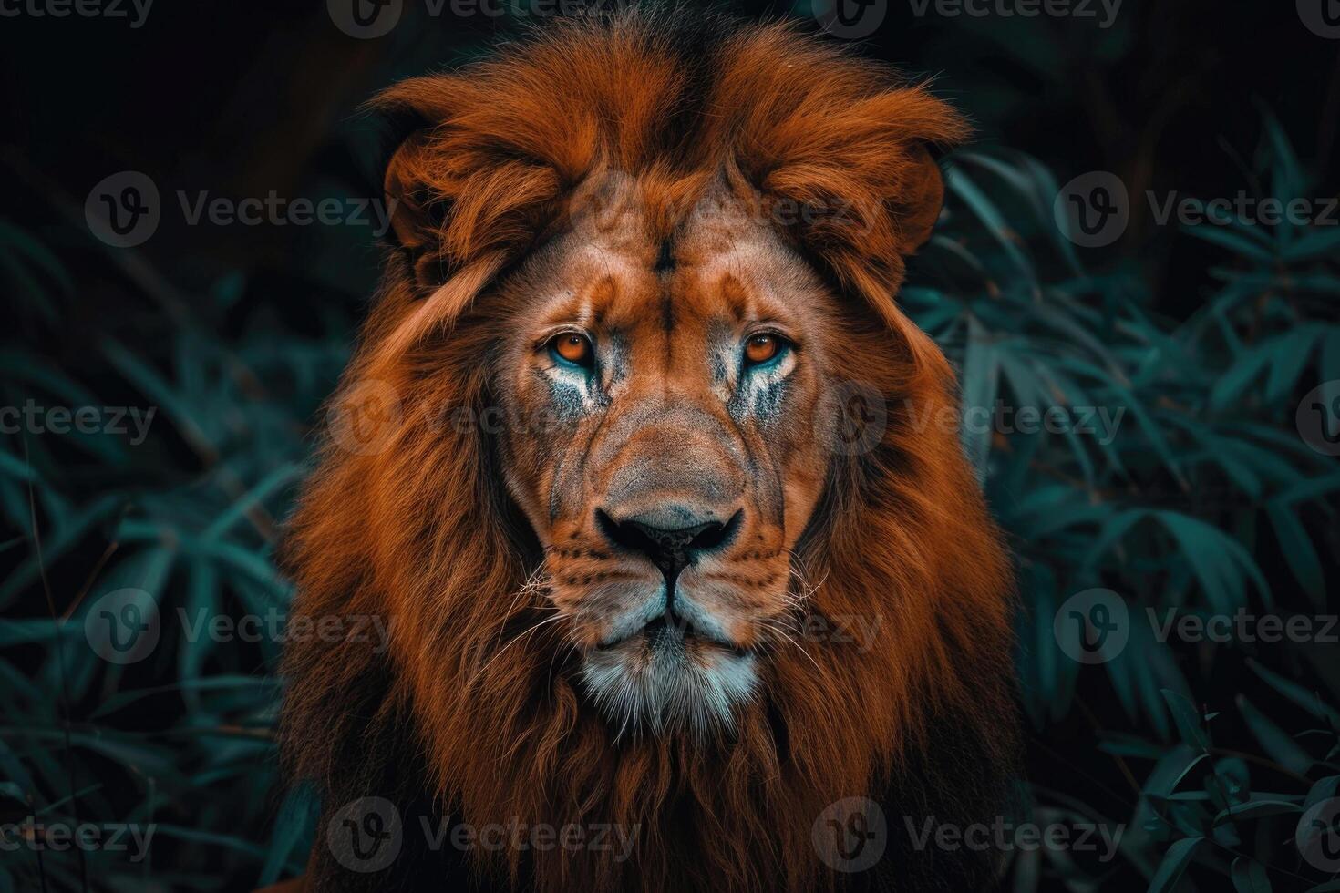 A majestic lion with a regal mane stares into the camera. photo