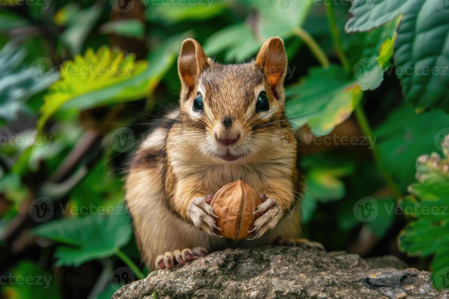 A playful chipmunk holding a nut looks at the camera. photo