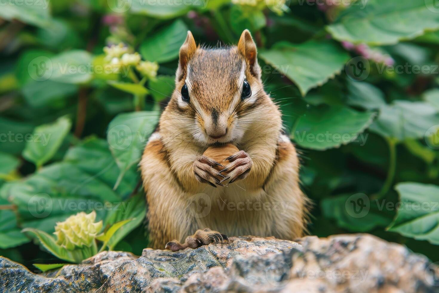 A playful chipmunk holding a nut looks at the camera. photo