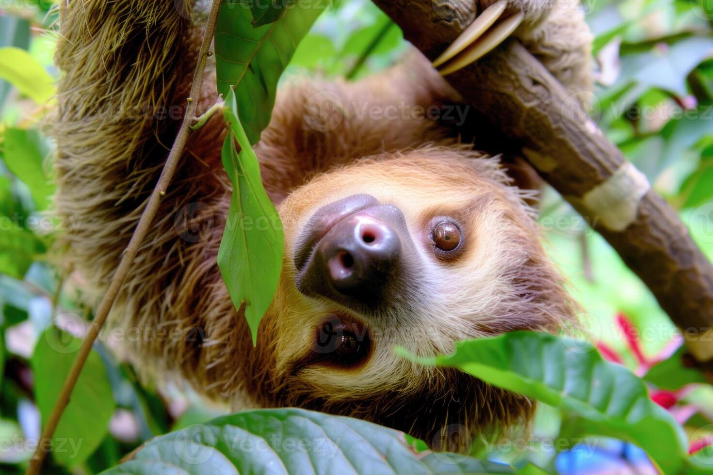 A playful sloth hanging from a tree, looking at the camera. photo