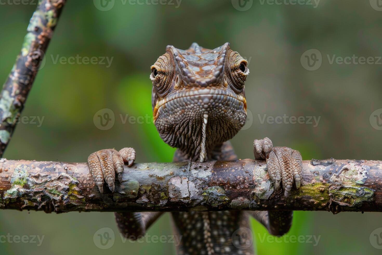 A curious chameleon clings to a branch, looking at the camera. photo