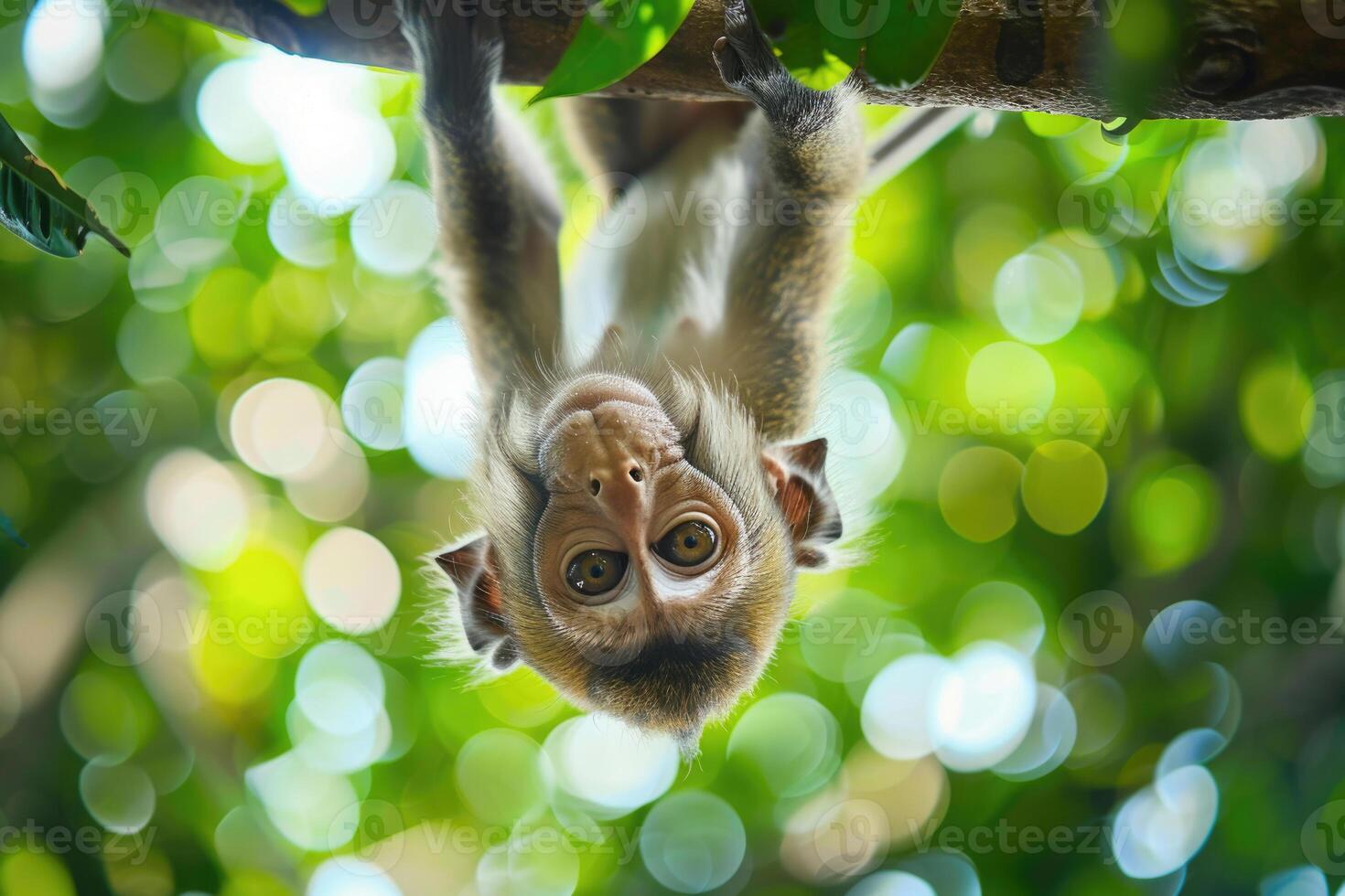 A playful monkey hangs from a branch, looking at the camera. photo