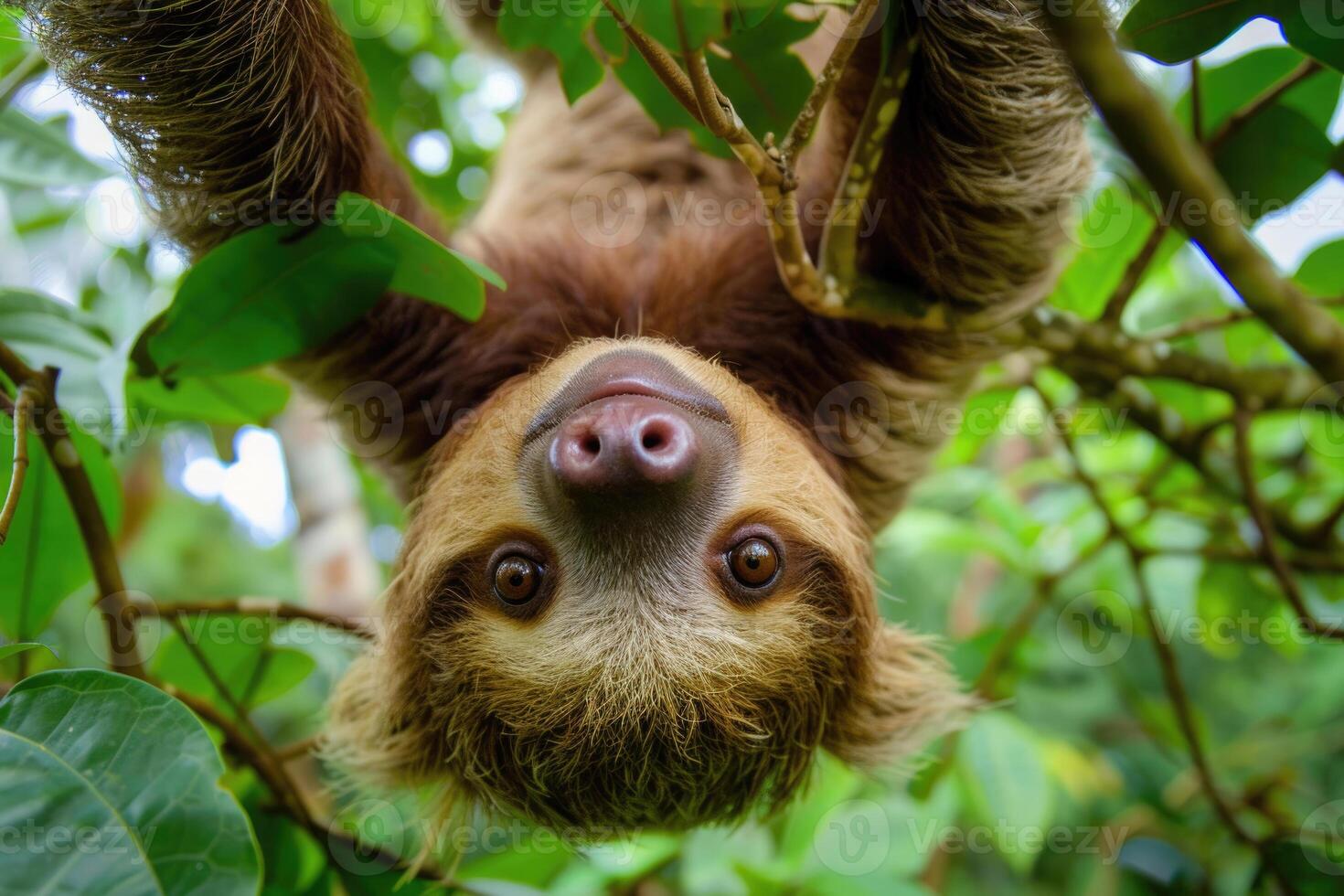 A playful sloth hanging from a tree, looking at the camera. photo