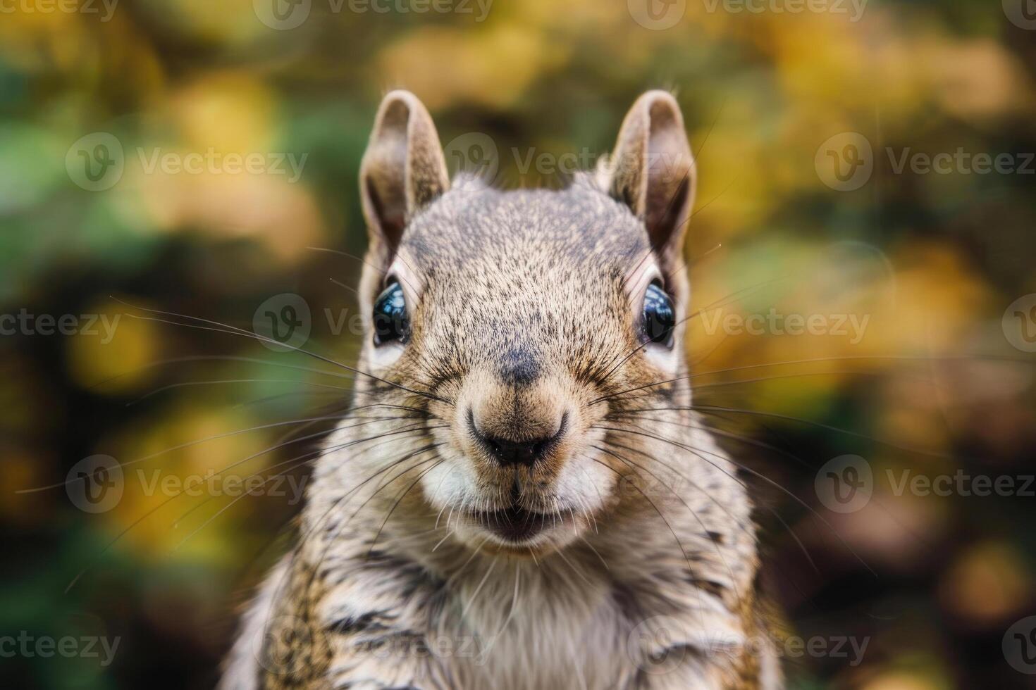 A curious squirrel looks directly into the camera. photo