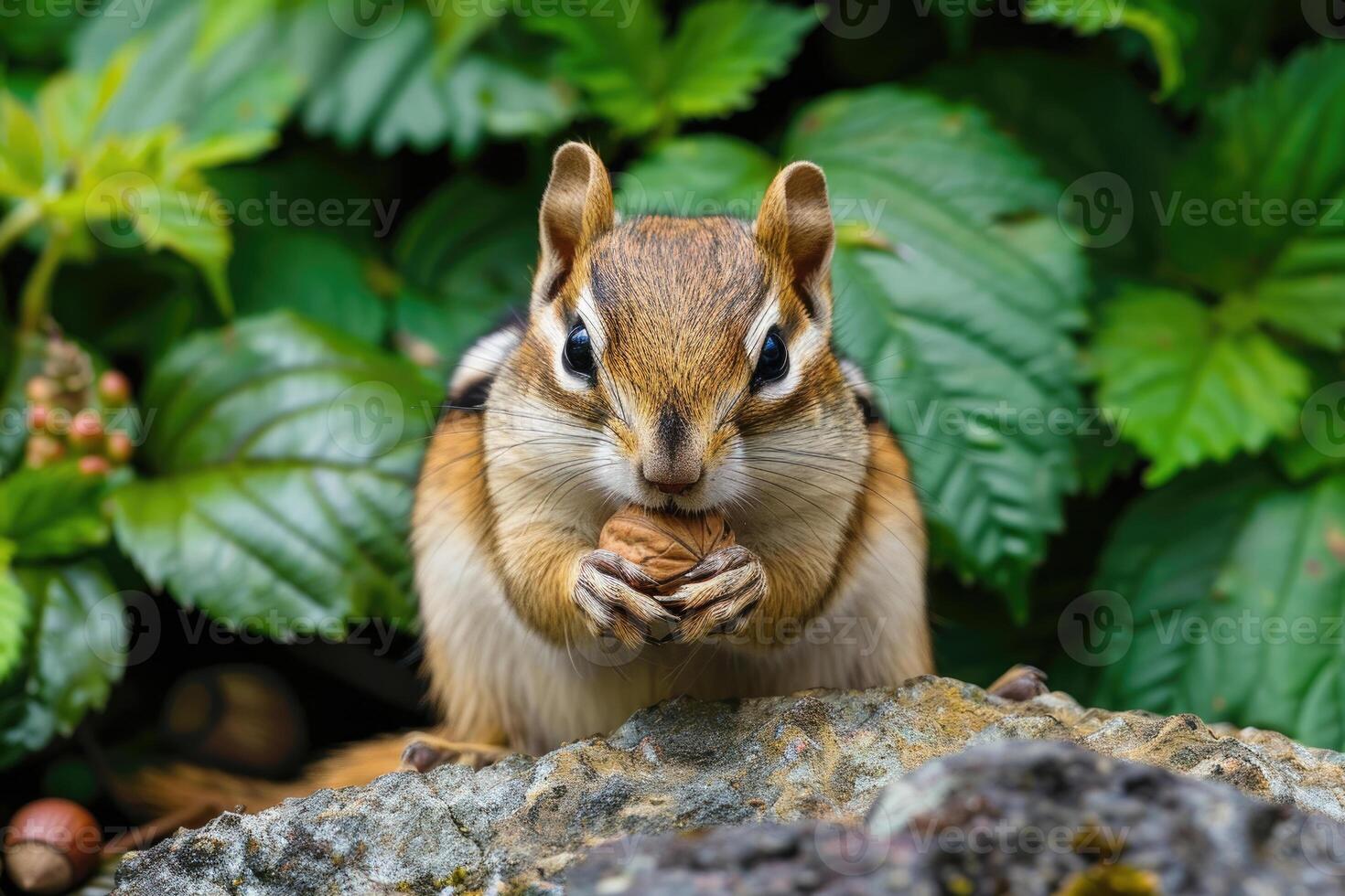 A playful chipmunk holding a nut looks at the camera. photo