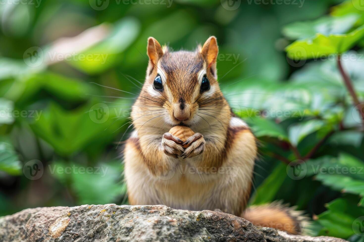 A playful chipmunk holding a nut looks at the camera. photo