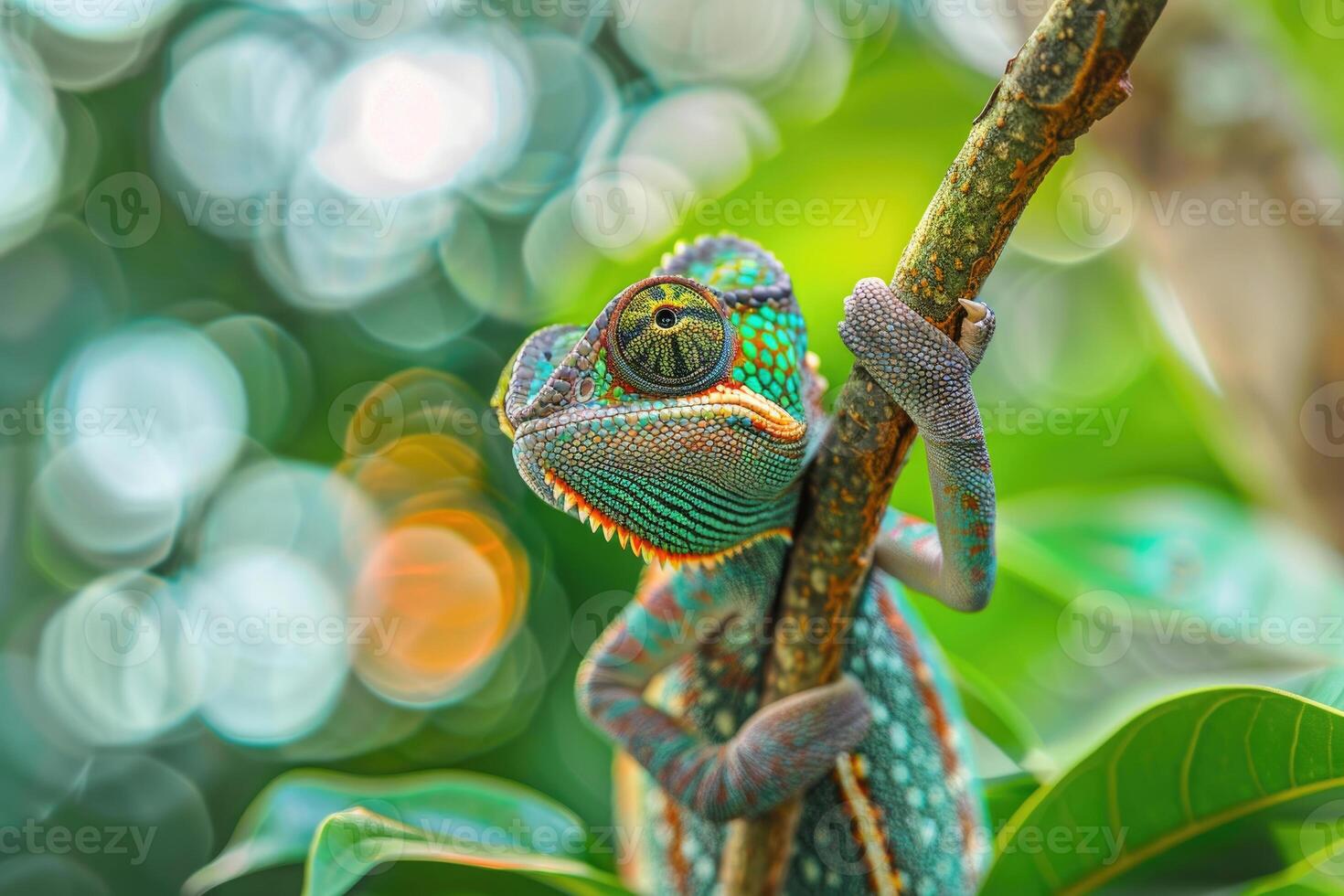 A curious chameleon clings to a branch, looking at the camera. photo