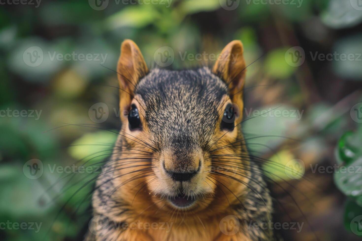 A curious squirrel looks directly into the camera. photo