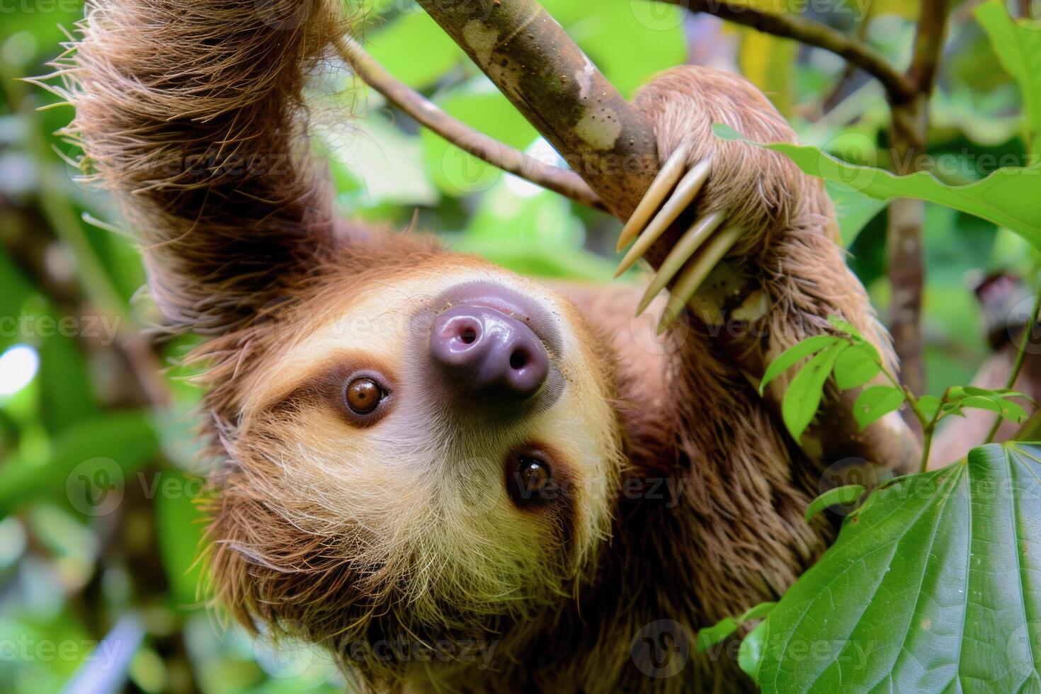 A playful sloth hanging from a tree, looking at the camera. photo
