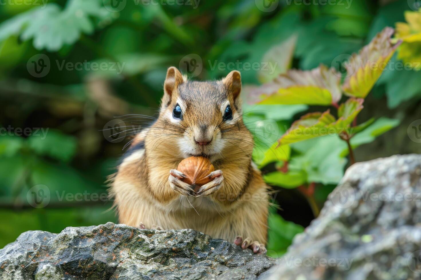 A playful chipmunk holding a nut looks at the camera. photo