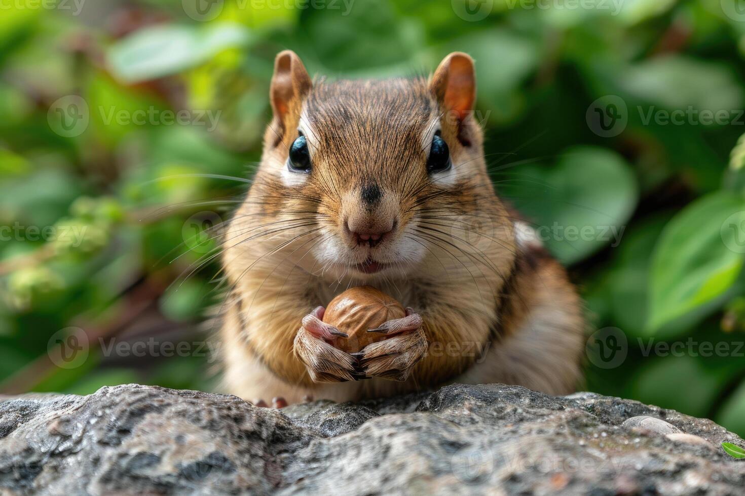 A playful chipmunk holding a nut looks at the camera. photo