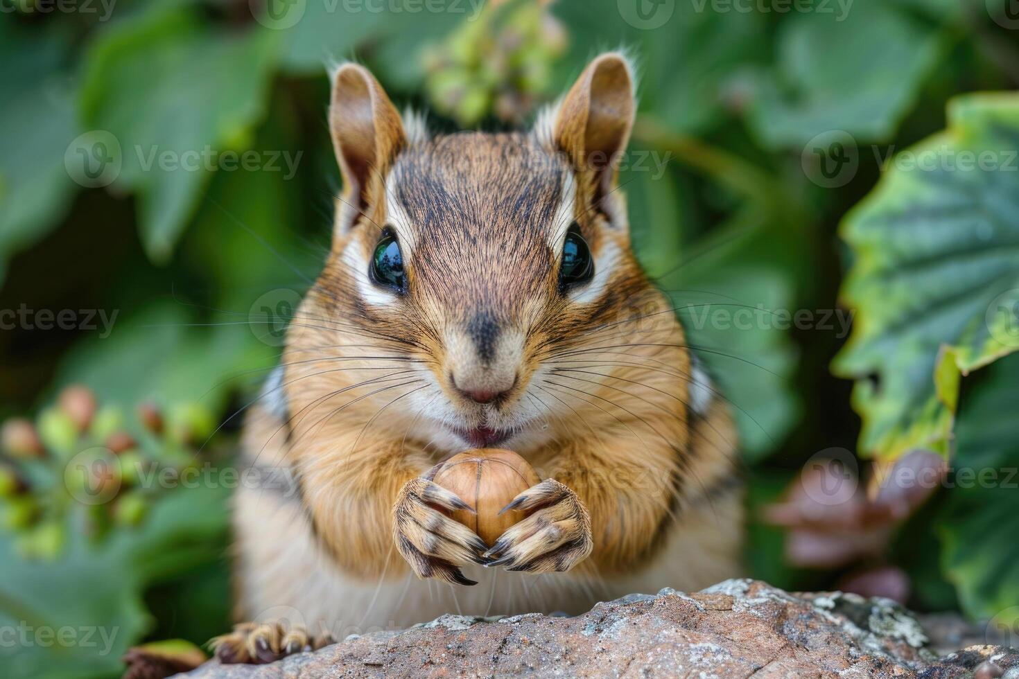 A playful chipmunk holding a nut looks at the camera. photo