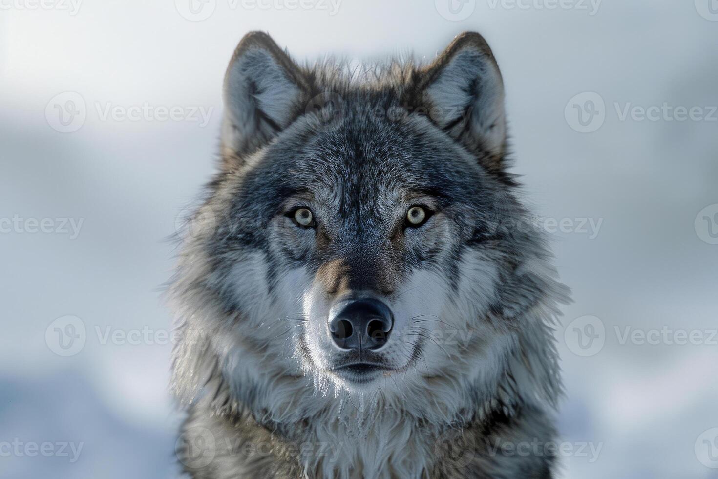 A majestic wolf with piercing eyes stares into the camera. photo