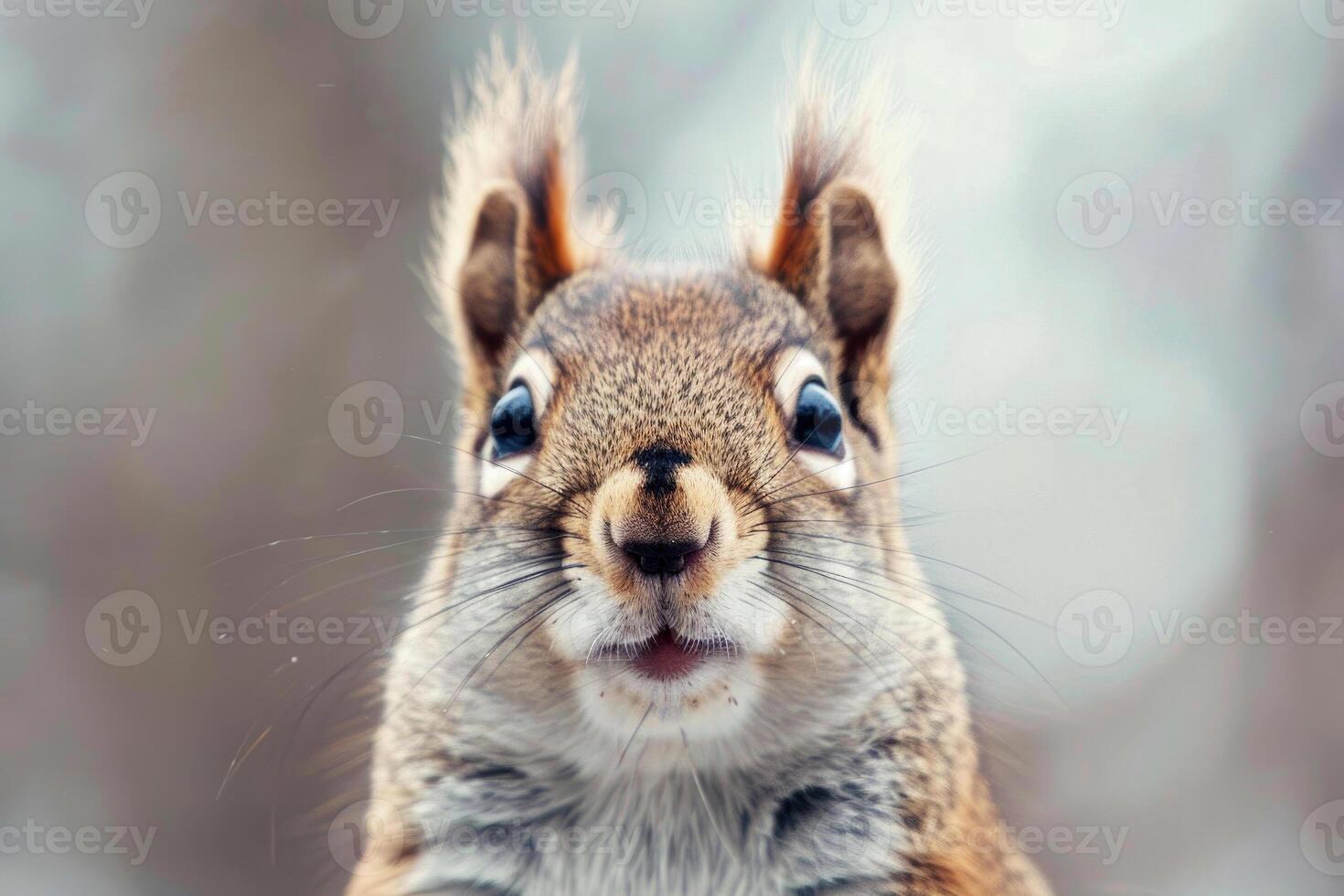 A curious squirrel looks directly into the camera. photo