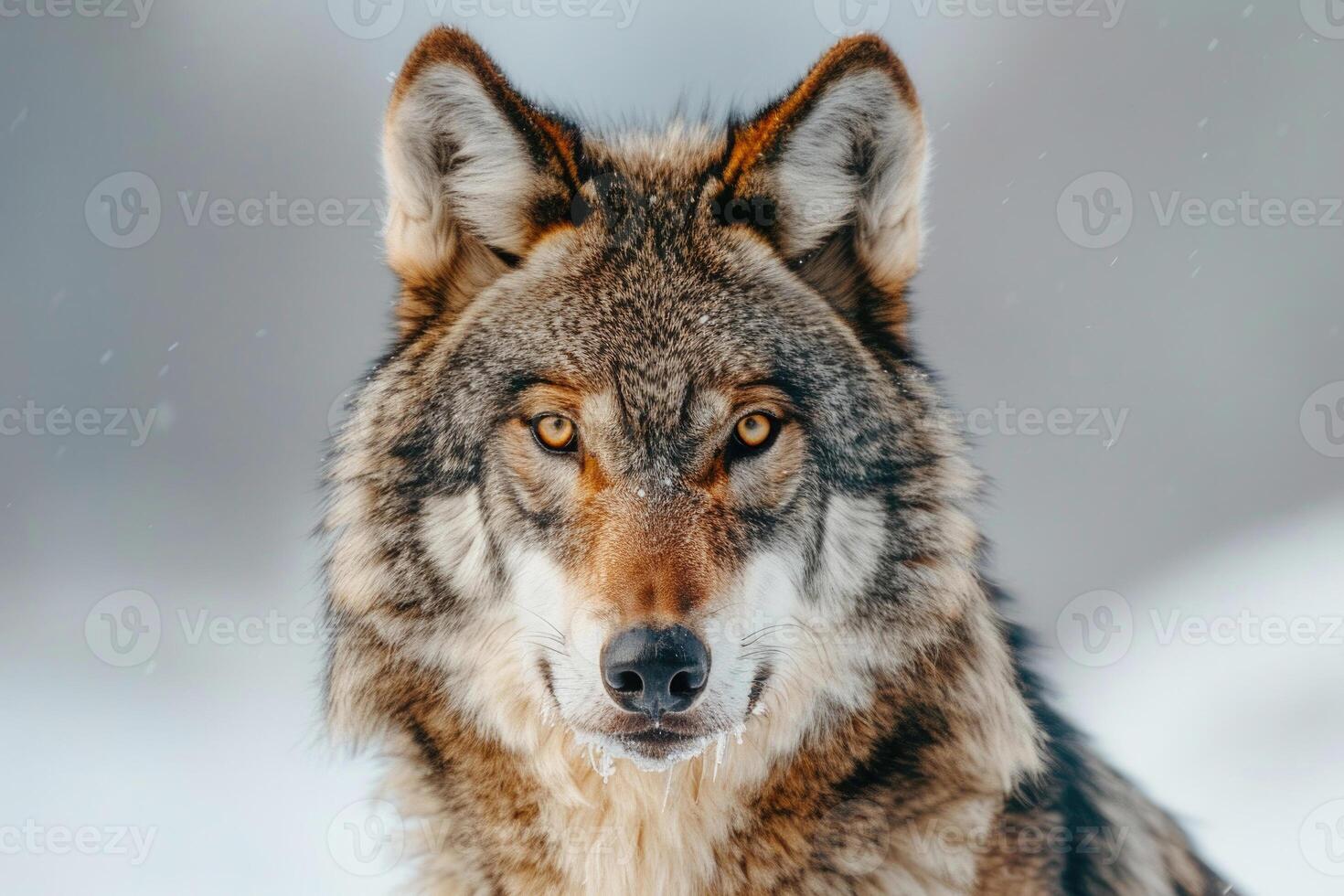 A majestic wolf with piercing eyes stares into the camera. photo