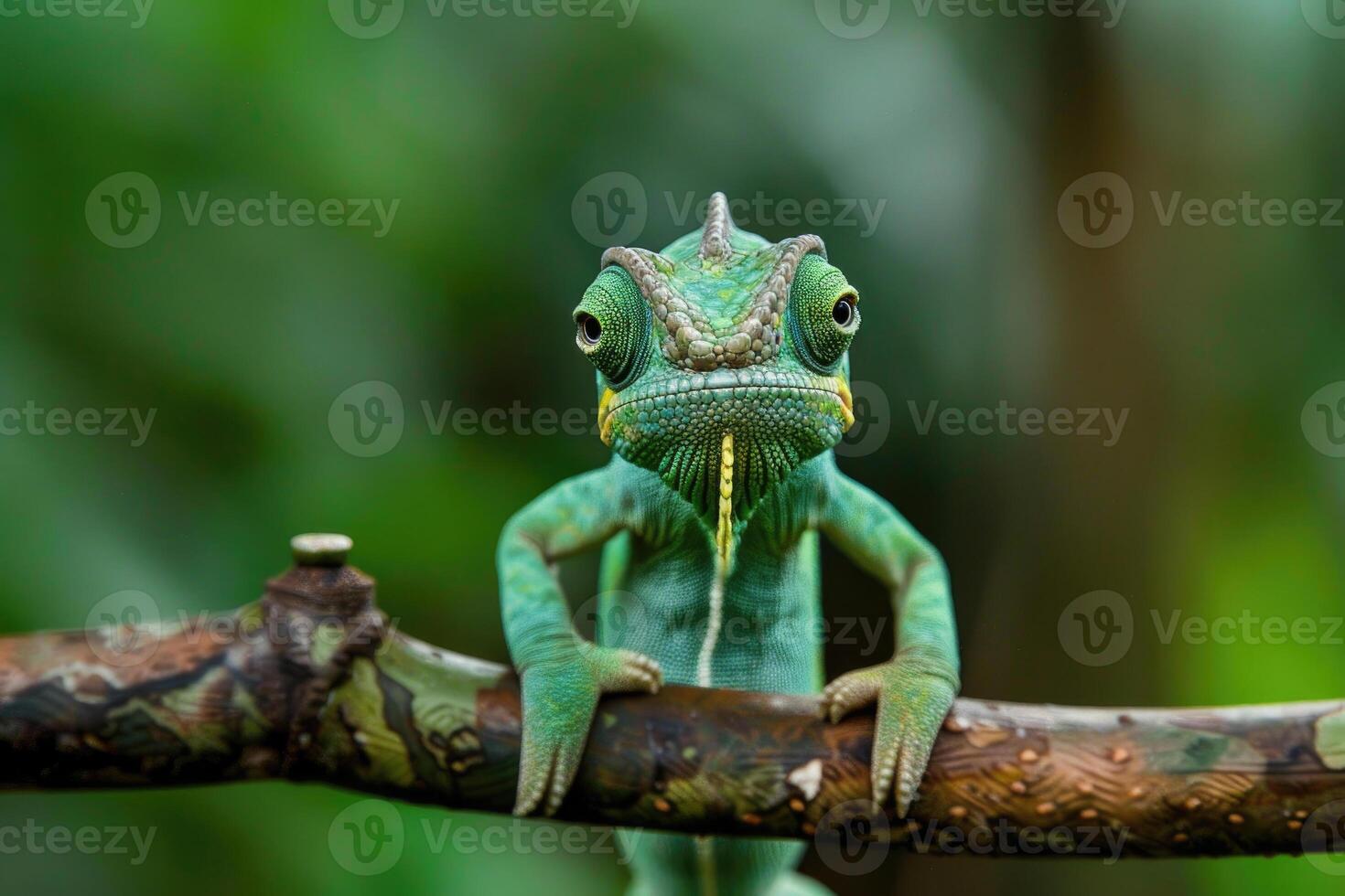 A curious chameleon clings to a branch, looking at the camera. photo