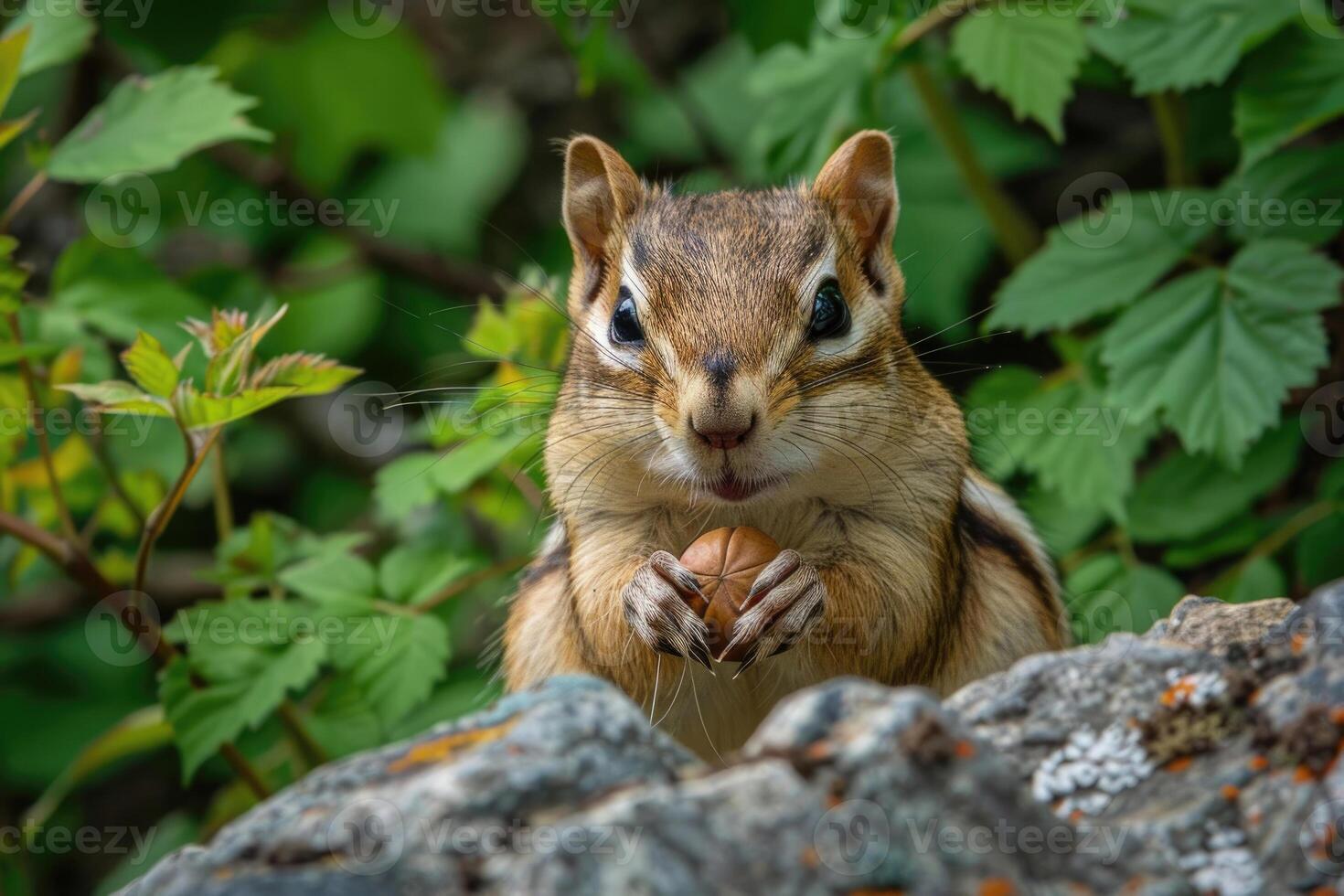 A playful chipmunk holding a nut looks at the camera. photo