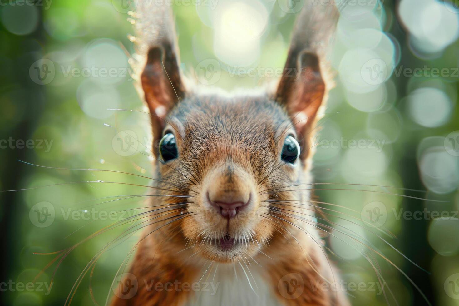 A curious squirrel looks directly into the camera. photo