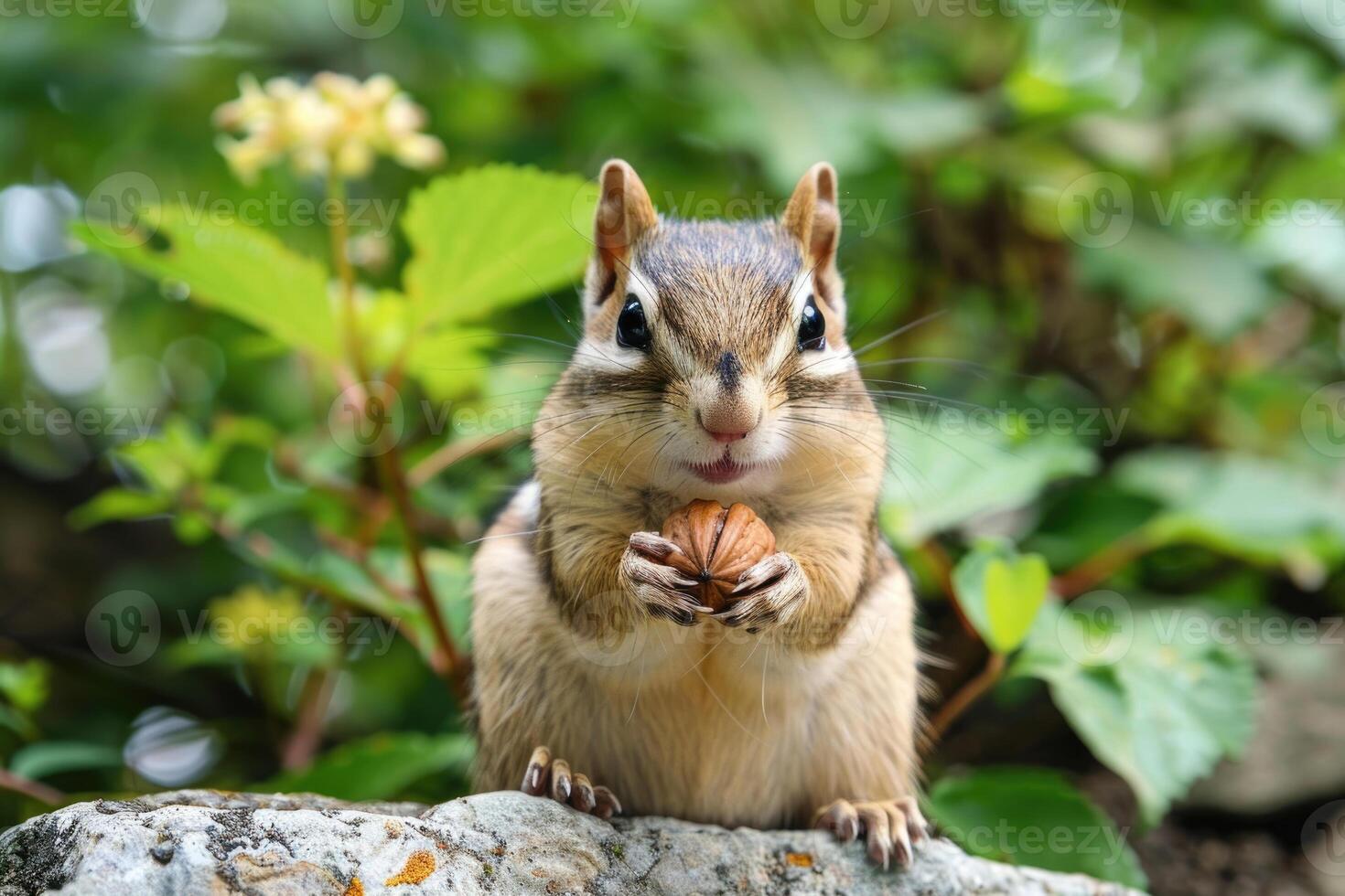 A playful chipmunk holding a nut looks at the camera. photo