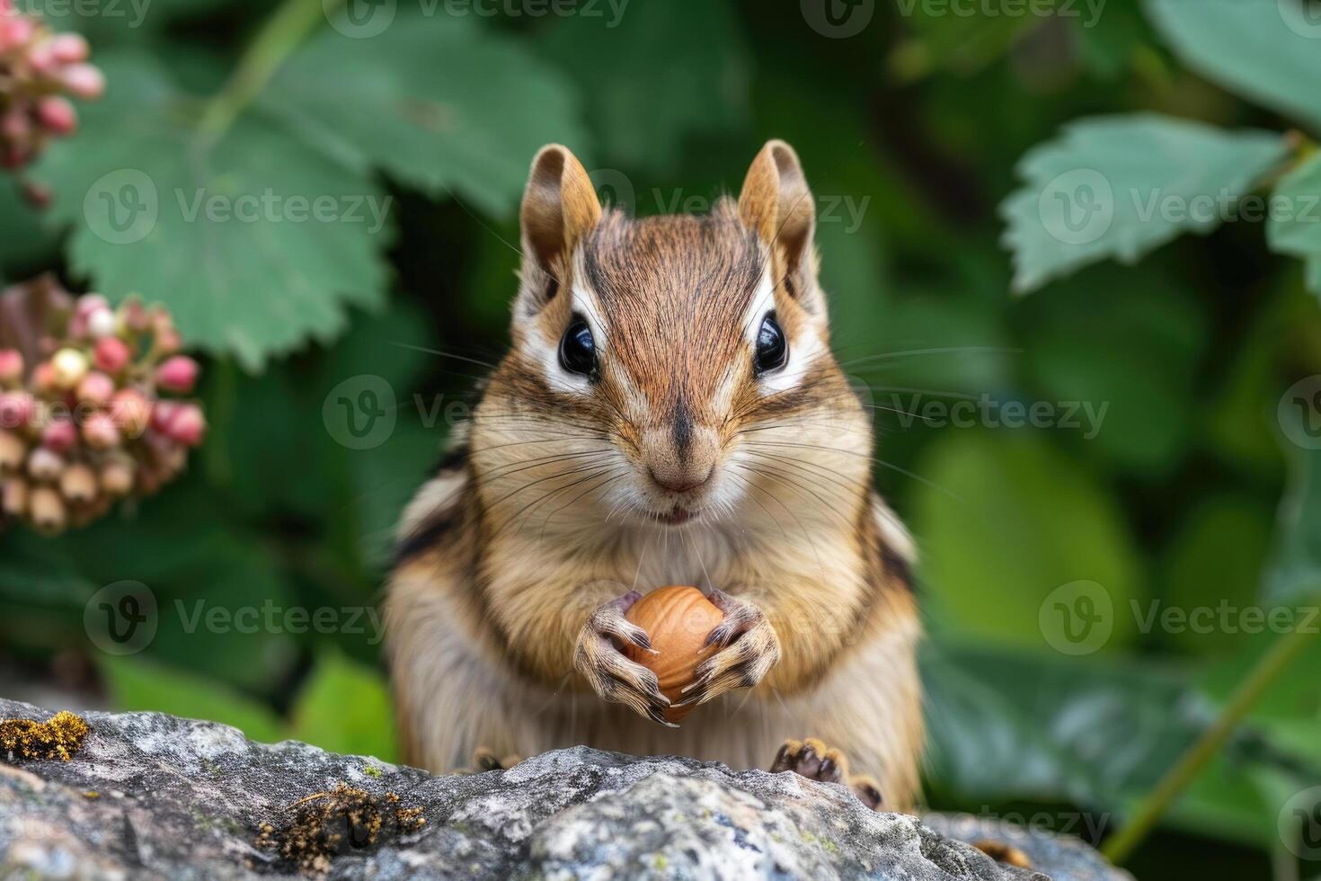A playful chipmunk holding a nut looks at the camera. photo