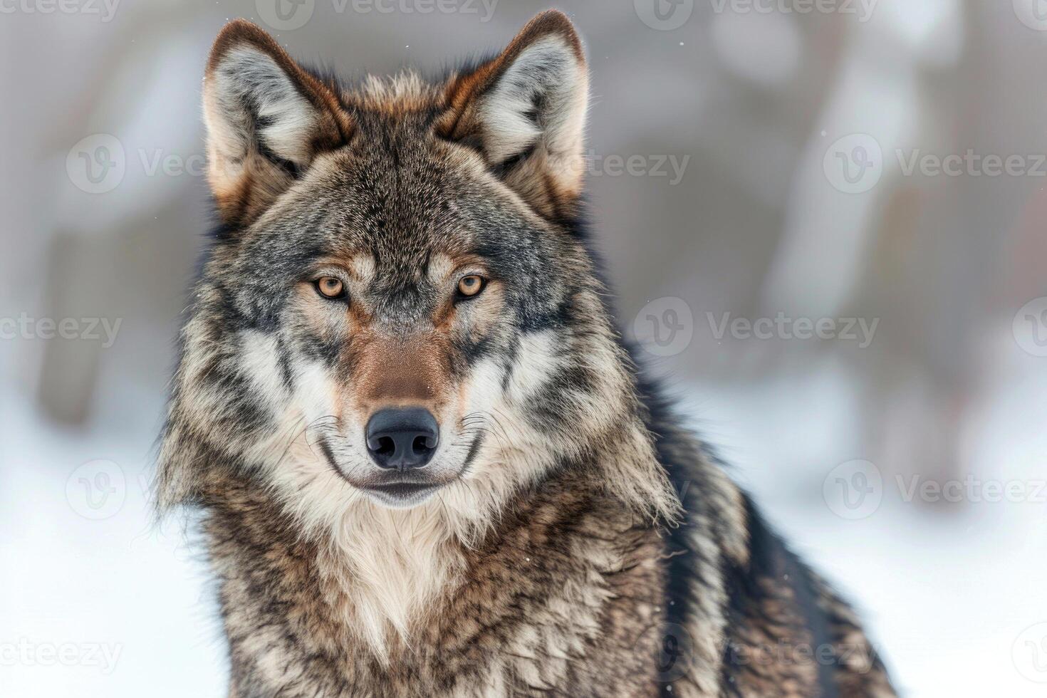 A majestic wolf with piercing eyes stares into the camera. photo