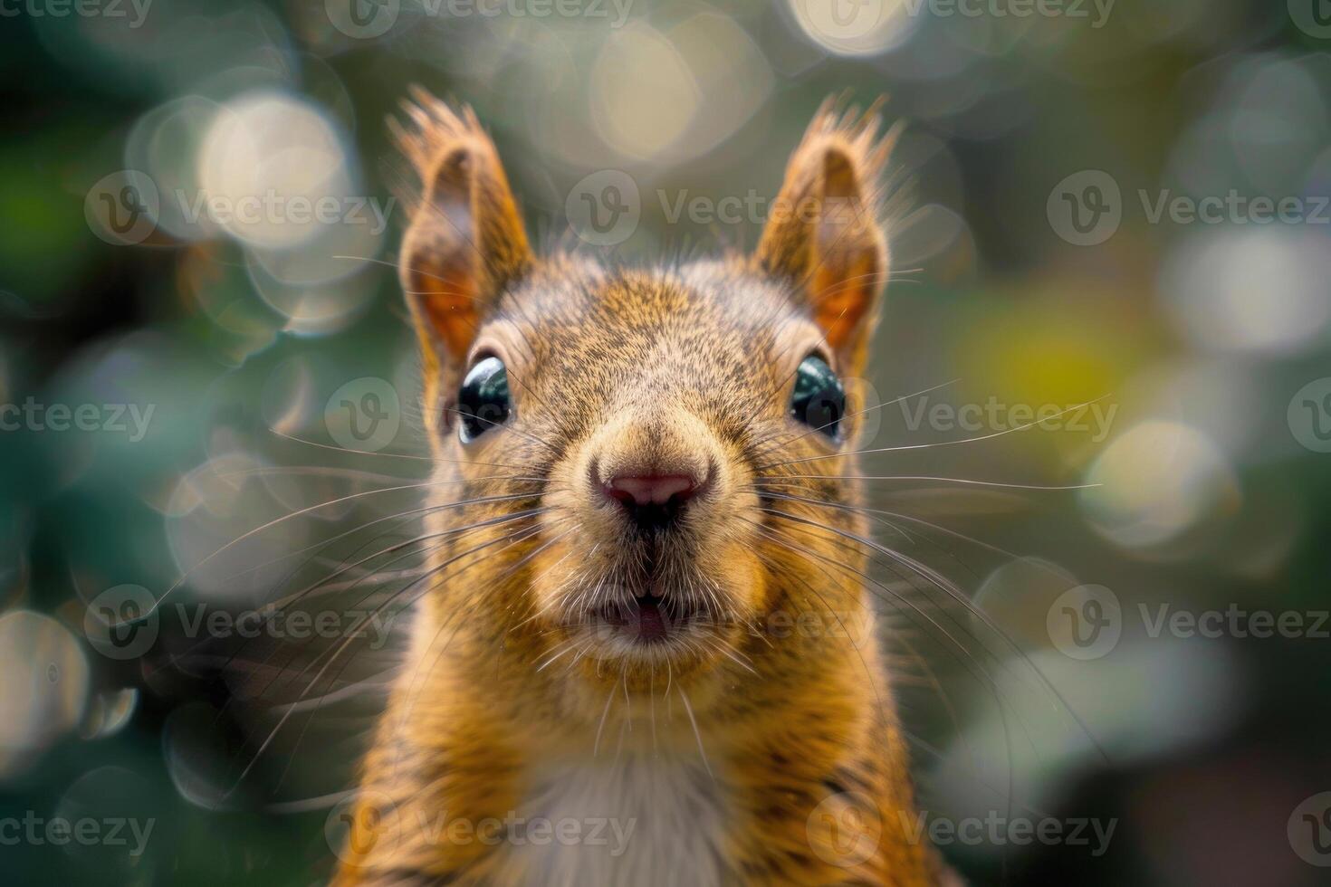 A curious squirrel looks directly into the camera. photo