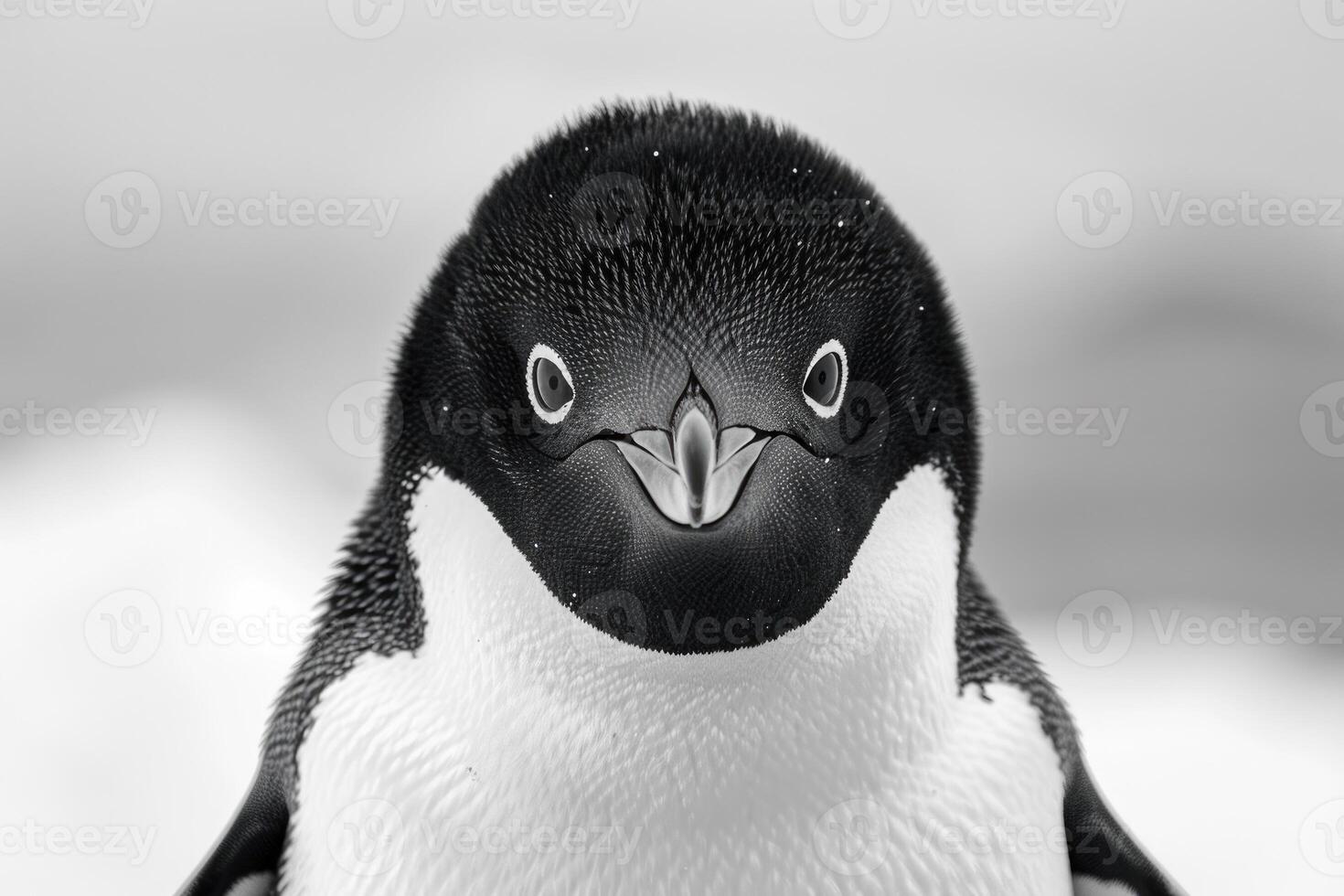 A penguin with a curious expression stares into the camera. photo
