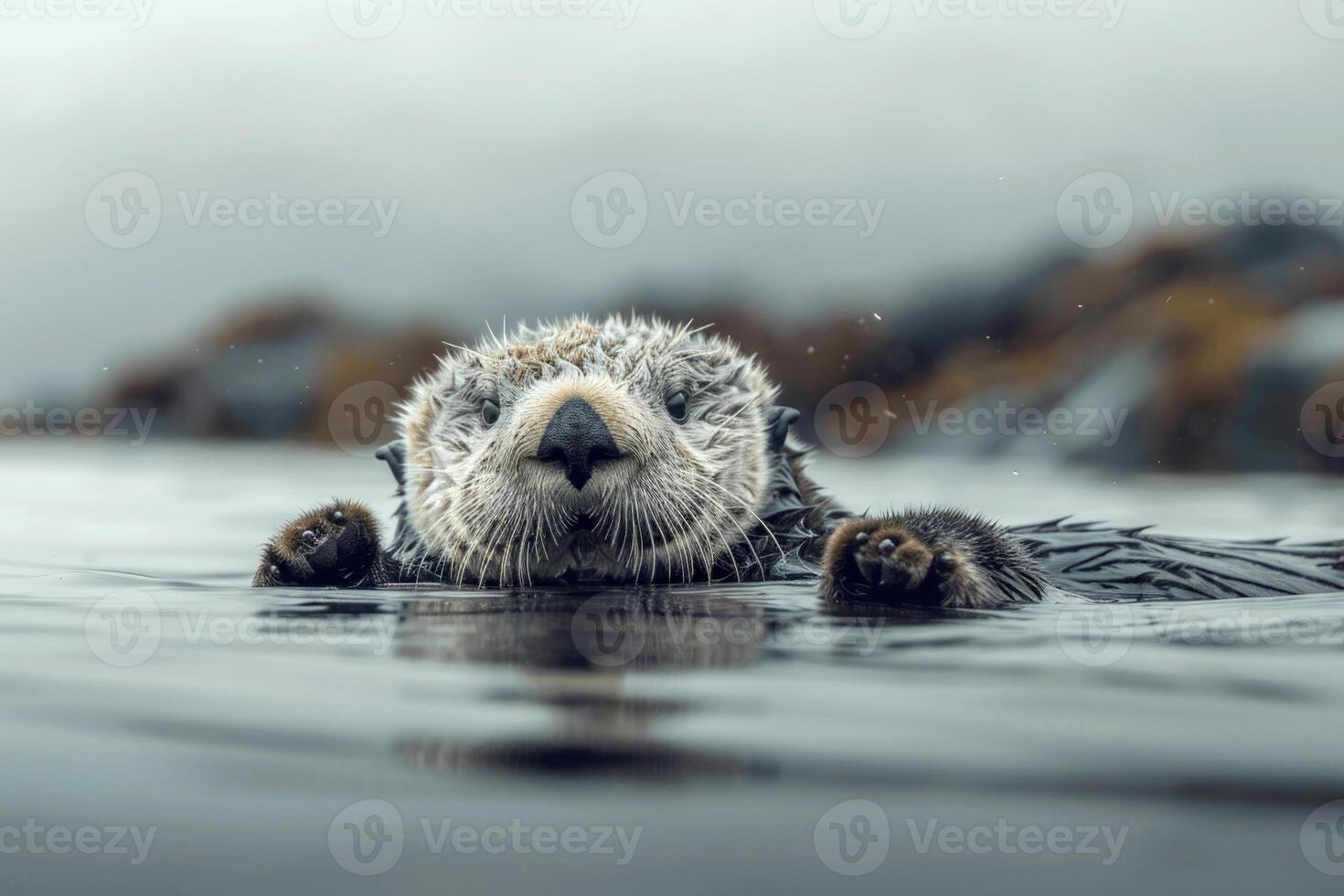 A playful sea otter floats on its back, looking at the camera. photo