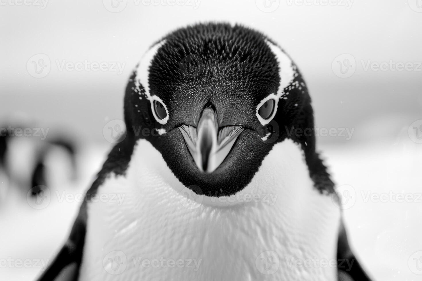 A penguin with a curious expression stares into the camera. photo