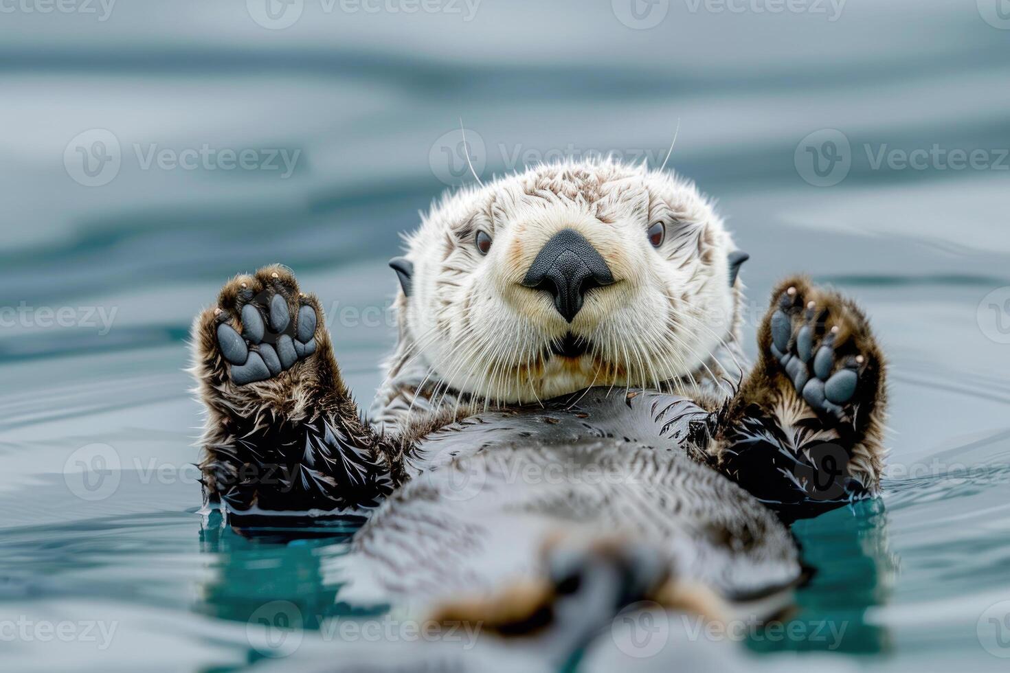 A playful sea otter floats on its back, looking at the camera. photo